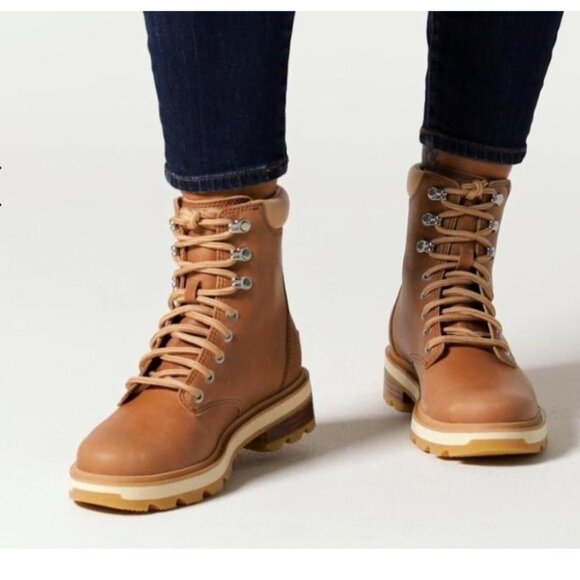 SOREL Lennox Lace Up STKD Waterproof Combat Boots Tan Leather US 5.5 - Picture 1 of 14